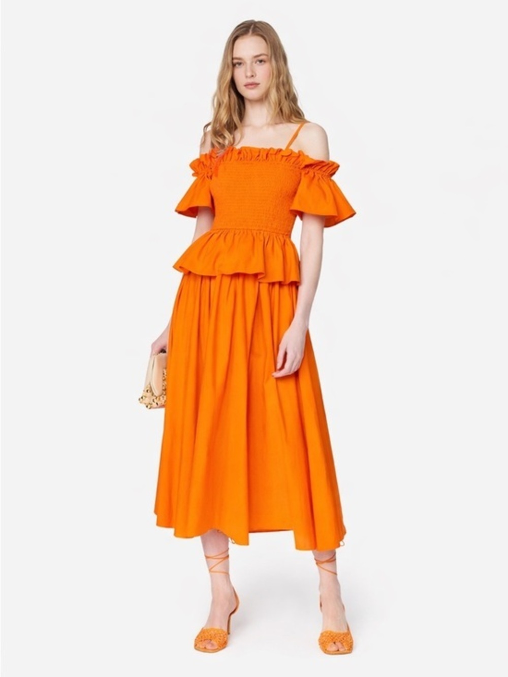 Toccin Flounced Smocked Midi Dress Off Shoulder Orange Ruffle XS Dopamine Prarie